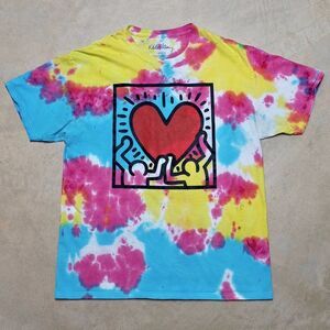 Keith Haring Tie Dye T-Shirt Men Large Heart Untitled Pop Art Hippie Psychedelic